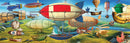 A colorful and imaginative jigsaw puzzle titled 'The Great Race' featuring various whimsical airships soaring over a scenic landscape. The vibrant design showcases an array of inventive flying machines, including hot air balloons and steampunk-inspired crafts, all intricately detailed to enhance the puzzling experience.
