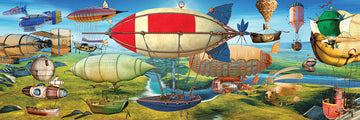 A colorful and imaginative jigsaw puzzle titled 'The Great Race' featuring various whimsical airships soaring over a scenic landscape. The vibrant design showcases an array of inventive flying machines, including hot air balloons and steampunk-inspired crafts, all intricately detailed to enhance the puzzling experience.