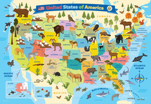 An illustrated map of the United States featuring various animals native to each state, geographical features, and colorful art. This jigsaw puzzle by Eurographics provides an educational and fun activity for puzzle enthusiasts and geography lovers alike.
