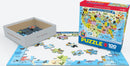 An illustrated jigsaw puzzle of the United States, created by Eurographics. The puzzle features vibrant colors and playful imagery of state animals and landmarks. The box displays the title 'United States of America' with a colorful map design. Pieces are scattered around the border of the completed puzzle layout, showcasing various sections of the US.