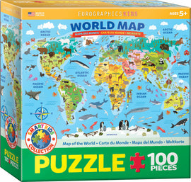 Colorful Illustrated Map of the World jigsaw puzzle by Eurographics. Features 100 pieces depicting various animals and geographic elements, suitable for ages 5+.