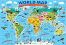A colorful illustrated map of the world featuring various animals and landmarks, labeled oceans, and countries. Vibrant design showcases wildlife in their respective regions, making it an educational and fun jigsaw puzzle for all ages.