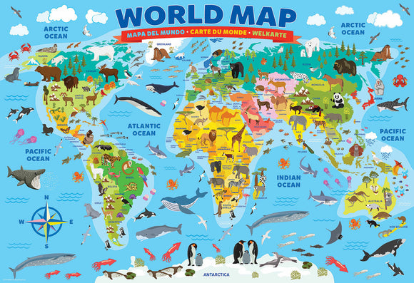 A colorful illustrated map of the world featuring various animals and landmarks, labeled oceans, and countries. Vibrant design showcases wildlife in their respective regions, making it an educational and fun jigsaw puzzle for all ages.
