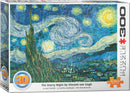 Eurographics Lenticular Jigsaw Puzzle featuring Vincent van Gogh's iconic painting 'The Starry Night.' The puzzle displays swirling blue skies filled with bright stars and a serene village below. The box highlights the immersive 3D experience and includes 300 extra-large pieces, perfect for art lovers.