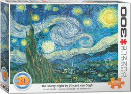 Eurographics Lenticular Jigsaw Puzzle featuring Vincent van Gogh's iconic painting 'The Starry Night.' The puzzle displays swirling blue skies filled with bright stars and a serene village below. The box highlights the immersive 3D experience and includes 300 extra-large pieces, perfect for art lovers.