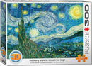 Eurographics jigsaw puzzle featuring Vincent van Gogh's iconic painting The Starry Night. The puzzle box showcases vibrant colors and swirling clouds alongside a serene village scene. Designed for immersive experiences, it contains 300 large pieces for easy assembly and enjoyment.