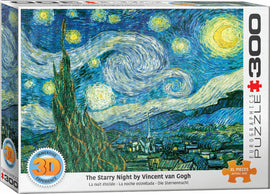 Eurographics jigsaw puzzle featuring Vincent van Gogh's iconic painting The Starry Night. The puzzle box showcases vibrant colors and swirling clouds alongside a serene village scene. Designed for immersive experiences, it contains 300 large pieces for easy assembly and enjoyment.