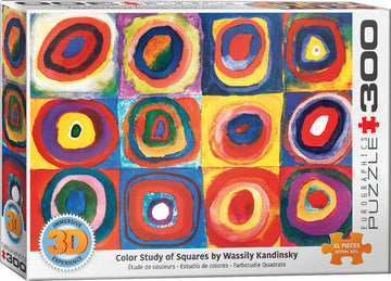 Box of the Lenticular Color Study of Squares jigsaw puzzle by Eurographics, featuring vibrant and abstract circular patterns inspired by the artist Wassily Kandinsky. The packaging showcases a striking array of colorful squares with a 3D immersive experience label.