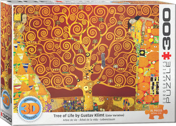 Lenticular Tree of Life jigsaw puzzle by Eurographics featuring a vibrant reproduction of Gustav Klimt's iconic artwork with swirling golden trees and colorful patterns. The box displays an immersive design and indicates that it contains 300 pieces, making it suitable for puzzle enthusiasts.