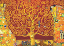 A colorful jigsaw puzzle featuring Gustav Klimt's 'Tree of Life'. The artwork depicts a stylized tree with swirling branches and vibrant colors against a deep red background. Details include geometric shapes and figures characteristic of Klimt's style, making it a visually captivating puzzle for art lovers.