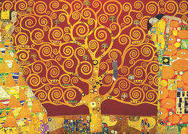 A colorful jigsaw puzzle featuring Gustav Klimt's 'Tree of Life'. The artwork depicts a stylized tree with swirling branches and vibrant colors against a deep red background. Details include geometric shapes and figures characteristic of Klimt's style, making it a visually captivating puzzle for art lovers.