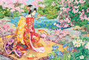 Haru No uta jigsaw puzzle by Eurographics features a serene scene of a woman in a colorful kimono surrounded by blooming cherry blossoms, vibrant flowers, and a peaceful stream. The artwork captures the essence of spring with delicate butterflies fluttering nearby, providing a tranquil and beautiful atmosphere perfect for puzzle enthusiasts.