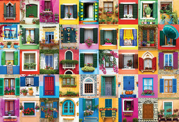 Eurographics Mediterranean Windows jigsaw puzzle featuring a vibrant collage of colorfully decorated windows and balconies adorned with flowers. The puzzle showcases various architectural designs, highlighting the charm of Mediterranean aesthetics with intricate details and lively hues.