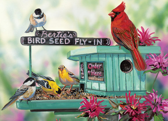 A colorful jigsaw puzzle featuring 'Bertie's Bird Seed Fly-In' theme. The image showcases various birds, including a cardinal and a chickadee, around a vintage style bird feeder, surrounded by vibrant flowers. Perfect for bird lovers and puzzle enthusiasts.