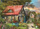 A beautiful jigsaw puzzle titled 'The Country Shed' by Dominic Da, featuring a charming stone cottage with a red roof, surrounded by lush gardens filled with colorful flowers, plants, and various animals. A quaint path leads to an ornate gate, inviting viewers to a peaceful countryside scene at sunset.