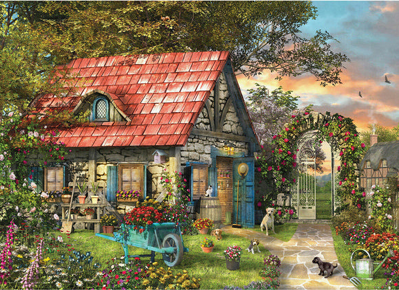 A beautiful jigsaw puzzle titled 'The Country Shed' by Dominic Da, featuring a charming stone cottage with a red roof, surrounded by lush gardens filled with colorful flowers, plants, and various animals. A quaint path leads to an ornate gate, inviting viewers to a peaceful countryside scene at sunset.