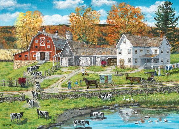 A serene jigsaw puzzle depicting a picturesque farm by a lake. The scene features a red barn, a white farmhouse, grazing cows, and horses pulling carts, all surrounded by colorful autumn trees and a tranquil water body reflecting the landscape.