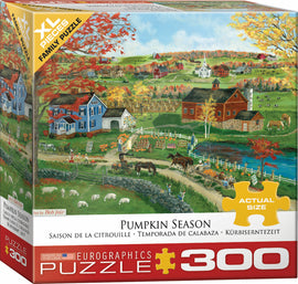 Eurographics jigsaw puzzle titled 'Pumpkin Season' featuring a vibrant autumn landscape with colorful trees, farms, and a variety of pumpkins. The puzzle box displays an 'XL Pieces' label, indicating larger pieces suitable for family fun. Beautiful artwork by Bob Fair complements the delightful seasonal theme, making it perfect for family gatherings and cozy nights in.