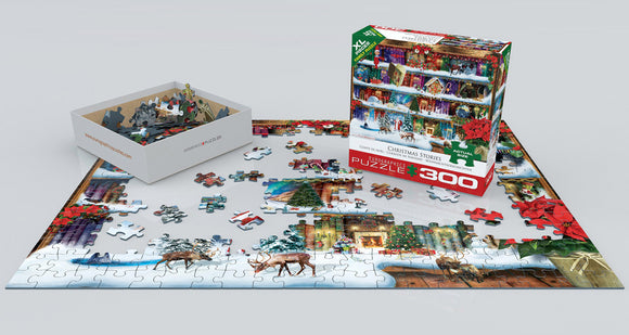 Eurographics Christmas Stories jigsaw puzzle featuring a festive scene with a snowy landscape, Christmas trees, and holiday decorations. The puzzle includes a box for storage and pieces scattered on a table, showcasing the colorful images that will be completed.