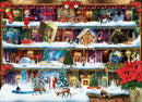 A vibrant and festive jigsaw puzzle titled 'Christmas Stories' by Eurographics, depicting a whimsical winter scene filled with Christmas imagery. The puzzle showcases a snowy landscape, holiday decorations, Santa Claus, reindeer, and various delightful characters among decorated shelves, displaying gifts and books. This engaging artwork captures the magic of the holiday season, making it perfect for family gatherings and a cozy night in.