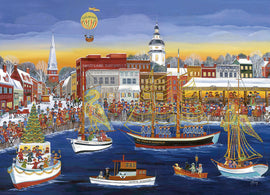 A vibrant jigsaw puzzle titled 'Seaside Holiday' by Carol Dyer, featuring a festive waterfront scene. Colorful boats, decorated with lights, float in a bustling harbor filled with cheerful people celebrating during the holiday season. Snowy buildings and a tall church steeple frame the picturesque landscape as a hot air balloon drifts above in a sunset sky.