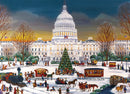 A festive jigsaw puzzle titled 'Christmas at the Capitol' by Eurographics, depicting a winter scene with the U.S. Capitol building adorned with Christmas decorations. Snow blankets the ground, while families and children engage in various joyful winter activities such as building a snowman, riding in horse-drawn carriages, and enjoying food from festive stalls. The vibrant colors capture a warm holiday spirit against the sunset sky.