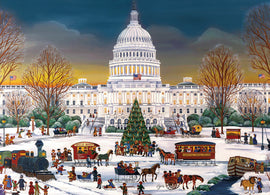 A festive jigsaw puzzle titled 'Christmas at the Capitol' by Eurographics, depicting a winter scene with the U.S. Capitol building adorned with Christmas decorations. Snow blankets the ground, while families and children engage in various joyful winter activities such as building a snowman, riding in horse-drawn carriages, and enjoying food from festive stalls. The vibrant colors capture a warm holiday spirit against the sunset sky.