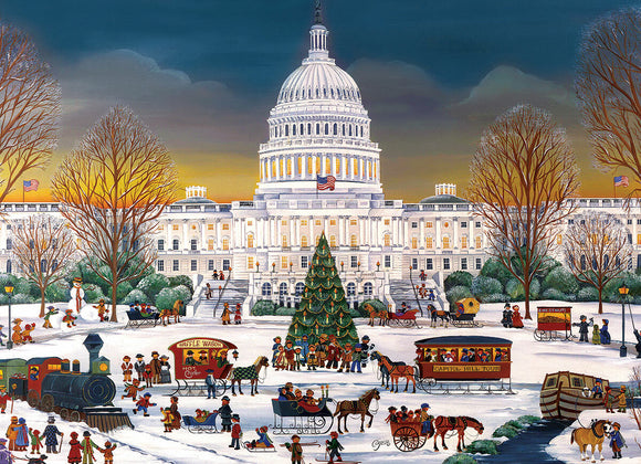A festive jigsaw puzzle titled 'Christmas at the Capitol' by Eurographics, depicting a winter scene with the U.S. Capitol building adorned with Christmas decorations. Snow blankets the ground, while families and children engage in various joyful winter activities such as building a snowman, riding in horse-drawn carriages, and enjoying food from festive stalls. The vibrant colors capture a warm holiday spirit against the sunset sky.