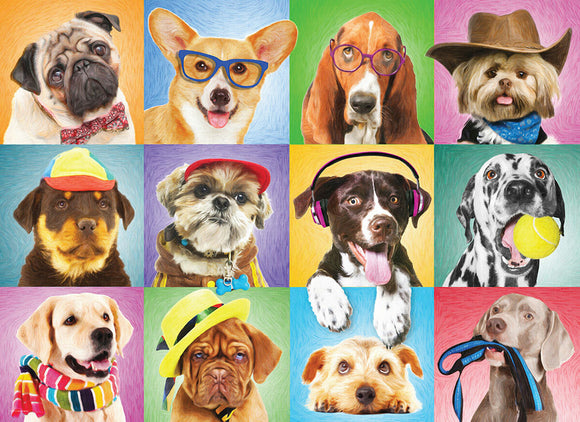A colorful 1000-piece jigsaw puzzle featuring a variety of cute dogs with playful expressions. Each dog is depicted in a separate block with bright backgrounds, showcasing unique personalities through various accessories like hats and glasses.