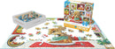 The Bon Appetit jigsaw puzzle by Eurographics is displayed with pieces scattered on a table. The image features a cute dog sitting at a table with a plate of food, surrounded by vibrant artwork depicting various dining scenes. The puzzle box is prominently shown, highlighting its colorful and engaging design, along with a tray of puzzle pieces ready to be assembled.