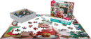 A vibrant jigsaw puzzle titled 'Delicious Goodies' by Eurographics, featuring a whimsical scene with a pig in a chef's hat holding a cookie. The completed puzzle showcases colorful images of various baked goods and decorative frames. A box containing puzzle pieces sits beside it, with some pieces scattered on the table, indicating the joy of piecing together this engaging puzzle.