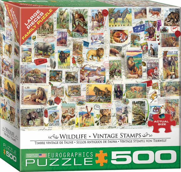Eurographics Wildlife Vintage Stamps jigsaw puzzle box featuring a colorful collage of vintage animal stamps from various countries, showcasing lions, zebras, and more against a cream background. The box is labeled with 'Large Pieces Family Puzzle' and features the Eurographics logo.