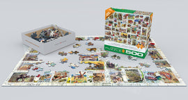 A jigsaw puzzle featuring Wildlife Vintage Stamps by Eurographics. The image shows the puzzle pieces spread out on a table, with colorful wildlife stamp designs. The puzzle box is at the right, prominently displaying the artwork and the Eurographics logo. A few pieces are already assembled, showcasing the vibrant and detailed art.
