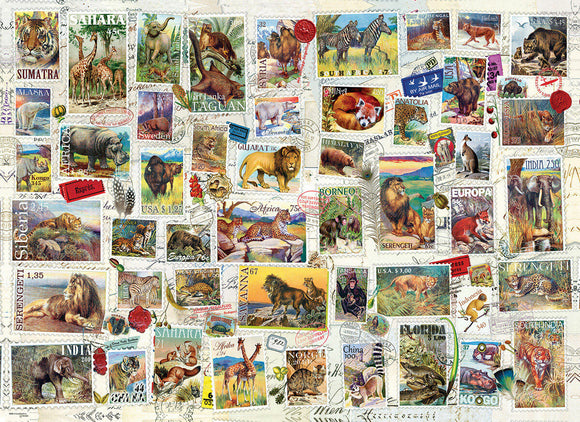 A vibrant jigsaw puzzle featuring a collection of vintage wildlife stamps from around the world. The stamps showcase various animals including lions, elephants, zebras, and more, each with unique colorful artwork and intricate designs. This puzzle combines artistic elements and nature themes, making it a perfect choice for wildlife lovers and puzzle enthusiasts alike.