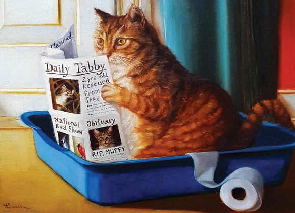 A whimsical jigsaw puzzle titled 'Kitty Throne' by Lucia Hefferna, featuring a charming illustration of a tabby cat reading a newspaper in a blue tray. The newspaper has various headlines, showcasing the cat's personality and humor, with a colorful background that adds to the playful atmosphere. Perfect for cat lovers and puzzle enthusiasts.
