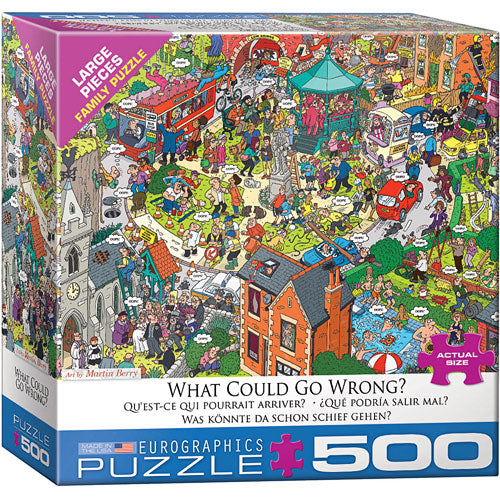 What Could Go Wrong? jigsaw puzzle by Eurographics features a colorful, chaotic scene filled with various humorous mishaps and characters in activity. Designed for family fun, the puzzle consists of 500 large pieces, making it ideal for both children and adults to enjoy together.