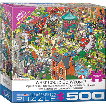 What Could Go Wrong? jigsaw puzzle by Eurographics features a colorful, chaotic scene filled with various humorous mishaps and characters in activity. Designed for family fun, the puzzle consists of 500 large pieces, making it ideal for both children and adults to enjoy together.