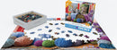 A jigsaw puzzle titled 'Knittin' Kittens' by EuroGraphics, featuring a colorful scene with kittens and yarn balls. The puzzle pieces are spread out on a table, with the box and another montage showing the image of the completed puzzle. It includes 500 large pieces, ideal for puzzlers of all ages.