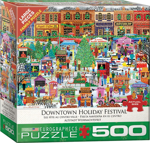 Eurographics Downtown Holiday Festival jigsaw puzzle featuring a vibrant, festive scene filled with holiday-themed stalls, characters, and decorations. The puzzle has 500 large pieces, suitable for family fun and engagement during the holidays.