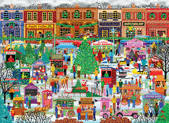 A festive jigsaw puzzle titled 'Downtown Holiday Festival' by Eurographics, depicting a vibrant winter market scene filled with cheerful people, decorated shops, snow-covered trees, and various vendor stalls selling holiday treats and toys.