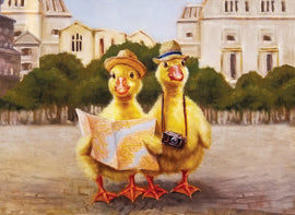 A vibrant jigsaw puzzle titled 'Duck Tours' featuring two cartoonish yellow ducklings dressed for travel. One duckling holds a map, while the other wears a camera around its neck, set against a backdrop of buildings and greenery.