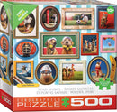 The Eurographics jigsaw puzzle titled 'World of Sports' features whimsical artwork depicting animals engaged in various sports activities, set within various decorative frames. The box is designed attractively, showcasing scenes of pets playing sports such as soccer and basketball, along with fun characters like a rabbit in a hat and dogs with tennis balls, providing a playful and colorful visual experience. Suitable for ages 10 and up.