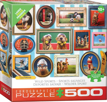 The Eurographics jigsaw puzzle titled 'World of Sports' features whimsical artwork depicting animals engaged in various sports activities, set within various decorative frames. The box is designed attractively, showcasing scenes of pets playing sports such as soccer and basketball, along with fun characters like a rabbit in a hat and dogs with tennis balls, providing a playful and colorful visual experience. Suitable for ages 10 and up.