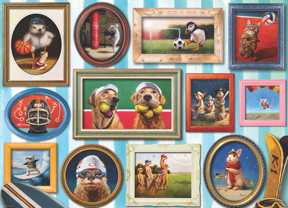 Eurographics World of Sports jigsaw puzzle featuring whimsical portraits of animals engaged in various sports and activities, all framed in colorful, decorative frames. The puzzle showcases lively illustrations of dogs playing fetch, a mouse boxing, and other playful scenes that celebrate the joy of sports and animals.