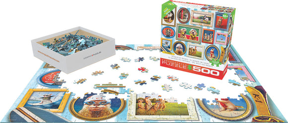 Eurographics jigsaw puzzle titled 'World of Sports' featuring an assortment of colorful images related to various sports. The puzzle includes a partially completed image on the table and a box containing additional puzzle pieces.
