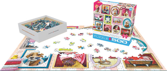 A Day at the Spa jigsaw puzzle by Eurographics displayed with its box. The puzzle features whimsical images of pets enjoying a spa day. Several pieces are scattered around the partially completed puzzle, which shows colorful illustrations in a cozy setting.
