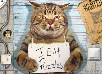 A whimsical jigsaw puzzle titled 'Feline Felon' featuring a cartoon cat holding a sign that says 'I EAT Puzzles'. The background displays a police-style mugshot backdrop with height markings, adding a humorous touch. Ideal for puzzle lovers and cat enthusiasts alike.