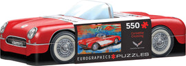 Eurographics Corvette Cruising Jigsaw Puzzle. This colorful jigsaw puzzle features a classic red Corvette with a stylish design, perfect for car enthusiasts and puzzle lovers. The puzzle contains 550 pieces and comes in a uniquely shaped tin resembling a vintage car.