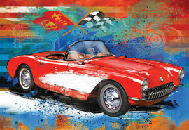 The Corvette Cruising Tin jigsaw puzzle from Eurographics showcases a vibrant artistic representation of a classic red Corvette against a colorful abstract background. The illustration features racing flags and patterns, bringing a sense of adventure and nostalgia for car enthusiasts. Perfect for puzzle lovers wanting a challenging and visually appealing project.