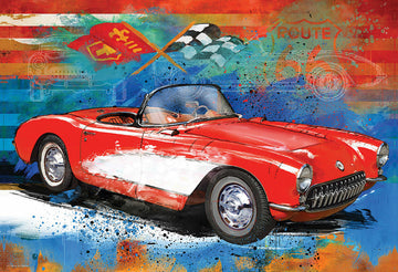 The Corvette Cruising Tin jigsaw puzzle from Eurographics showcases a vibrant artistic representation of a classic red Corvette against a colorful abstract background. The illustration features racing flags and patterns, bringing a sense of adventure and nostalgia for car enthusiasts. Perfect for puzzle lovers wanting a challenging and visually appealing project.